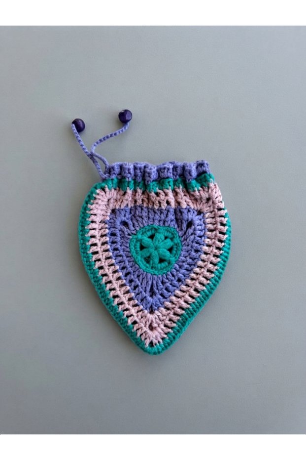 Handmade Knitted Daisy Flower Motif Drawstring Mini Pouch and Jewelry Pouch