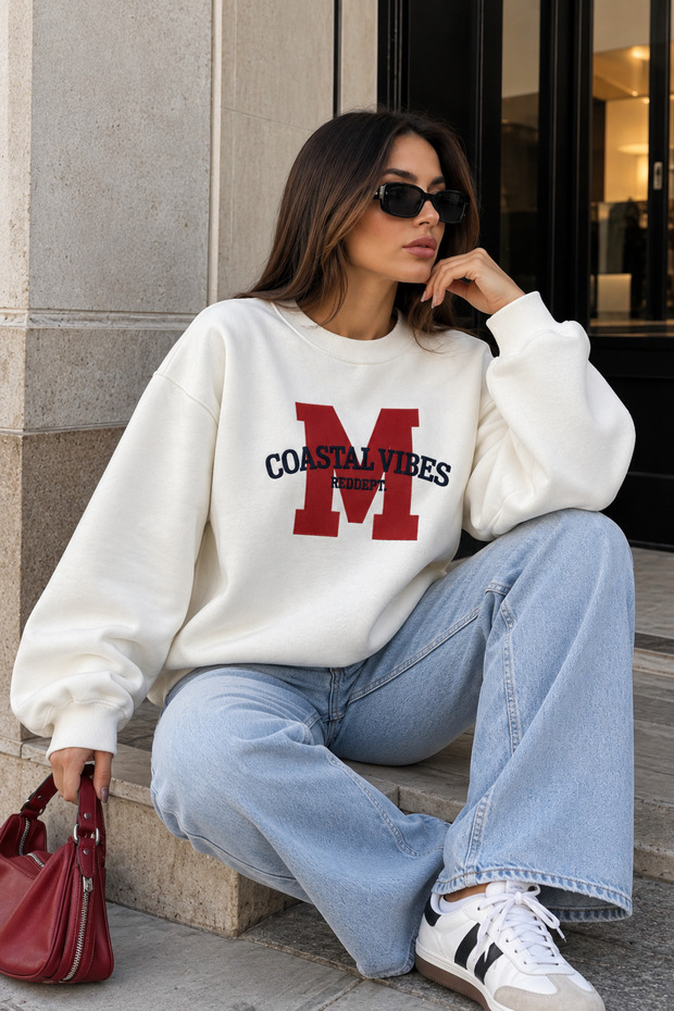 Women's Oversize Crew Neck Printed Long Sleeve Sweatshirt