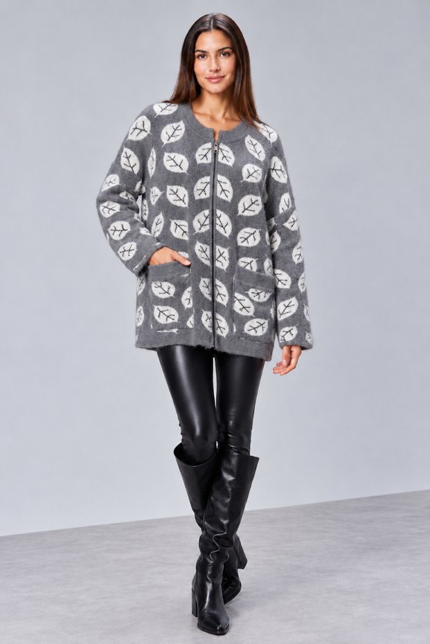 Women's Leaf Patterned Zippered Plush Knitwear Cardigan – Long Model with Pockets