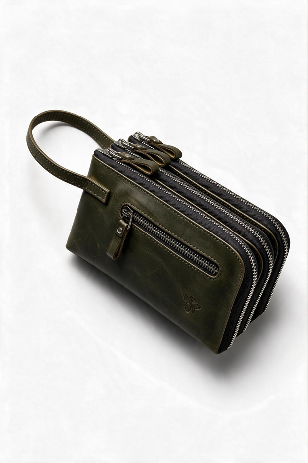 Veyron Model Genuine Leather Unisex Handbag 3-Compartment Zippered Organizer Bag