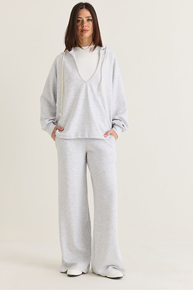Women's Gray Melange V-Neck Hooded Oversize Sweatshirt Athlete Wide Leg Pants 3-Piece Set 4229 60286661