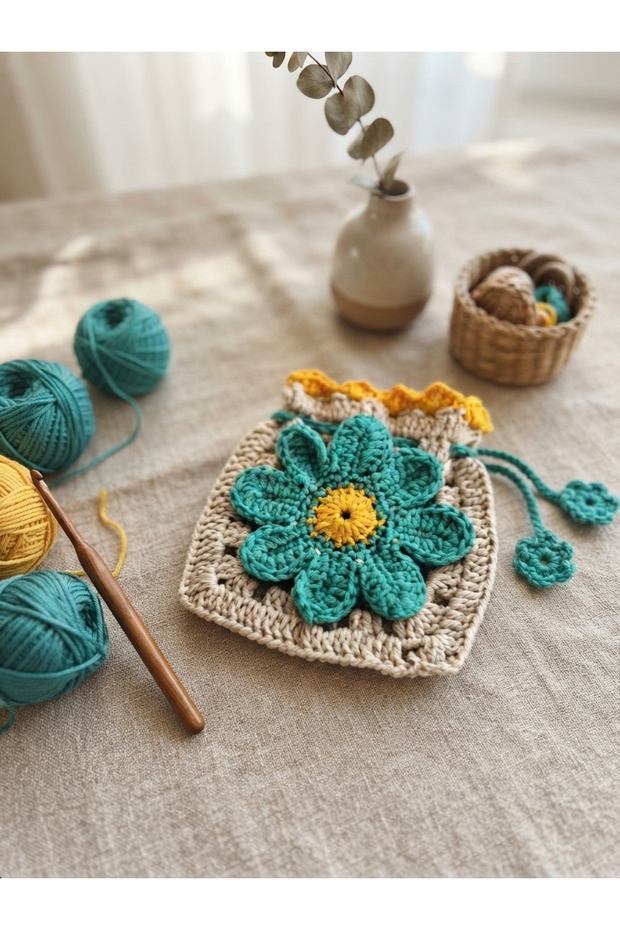 Handmade Knitted Daisy Flower Motif Drawstring Mini Pouch and Jewelry Pouch