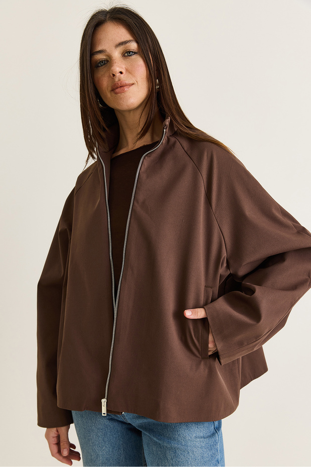 Women's Brown Oversize Stand Collar Zippered Raglan Sleeve A-Line Short Trench Coat 2100 60286511