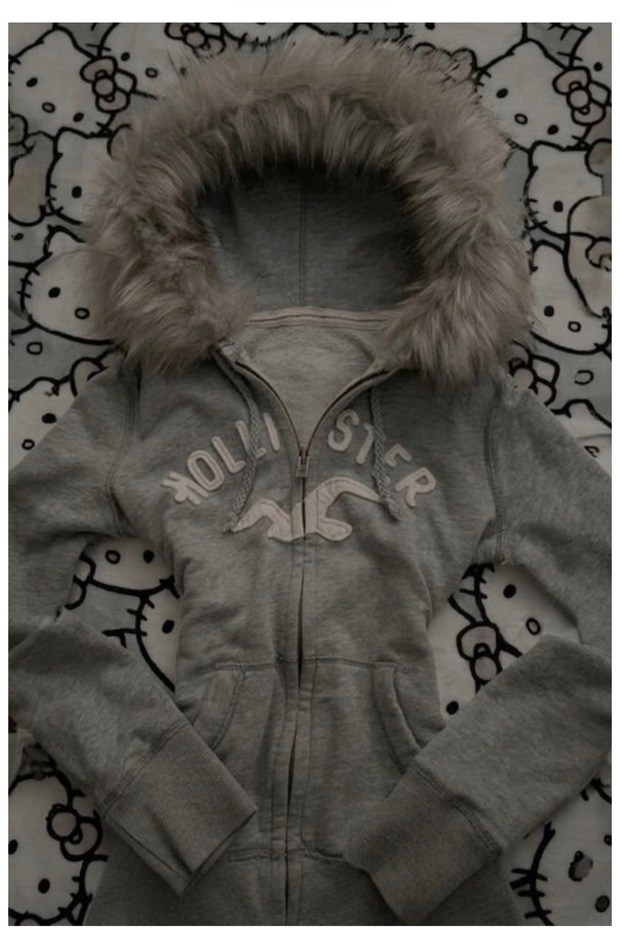 Gray Melange Holister Fur Detailed Y2K Crop Cardigan