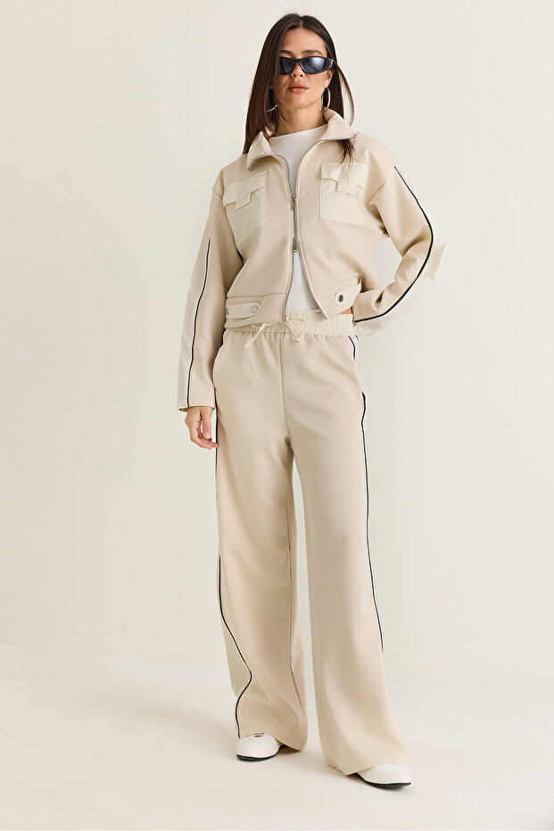 Women's Beige Pocket Detailed Stand Collar Zippered Ribbed Jacket Wide Leg Pants Tracksuit Set 4221 60286662