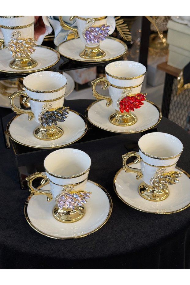 Colorful Swan Bronze 6-People Porcelain Coffee Cup Set 90 ml