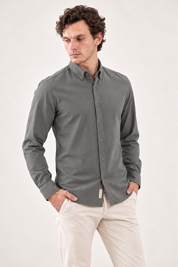 Gray Slimfit Cotton Oxford Lycra Collar Buttoned Long Sleeve Men's Shirt G490