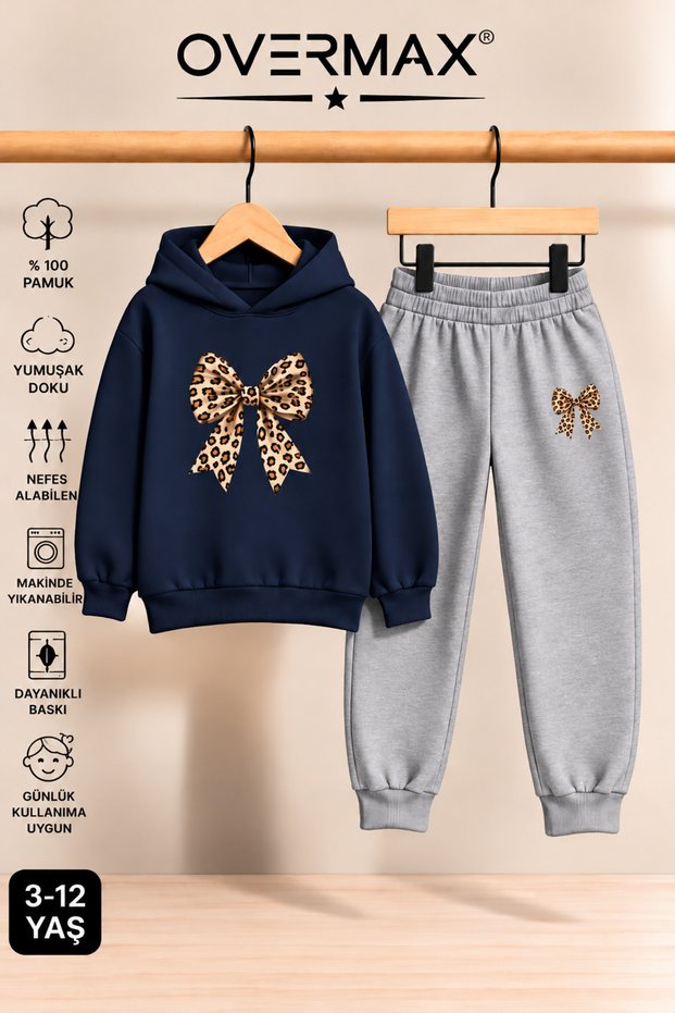 Leopard Patterned Ribbon Printed Children's Hooded Sweatshirt Tracksuit Set - Ages 3-12
