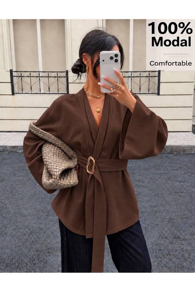 Double-Breasted Collar Belted Buckle Detailed Spanish Sleeve Modal Fabric Loose Jacket-Kimono