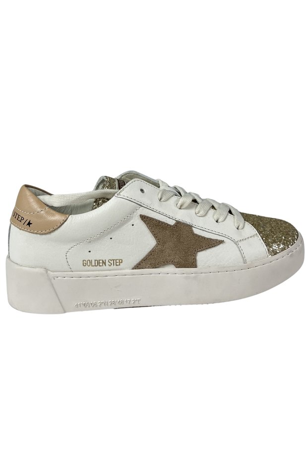 Girls' Sneakers – White-Gold Glitter Genuine Leather, Tan Suede Star Toe