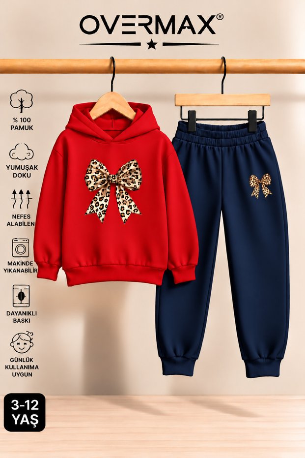 Leopard Patterned Ribbon Printed Children's Hooded Sweatshirt Tracksuit Set - Ages 3-12