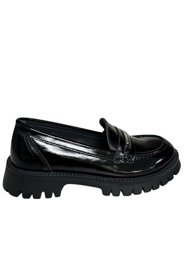 Girls' Loafer Shoes – Black Genuine Leather, Metal Buckle