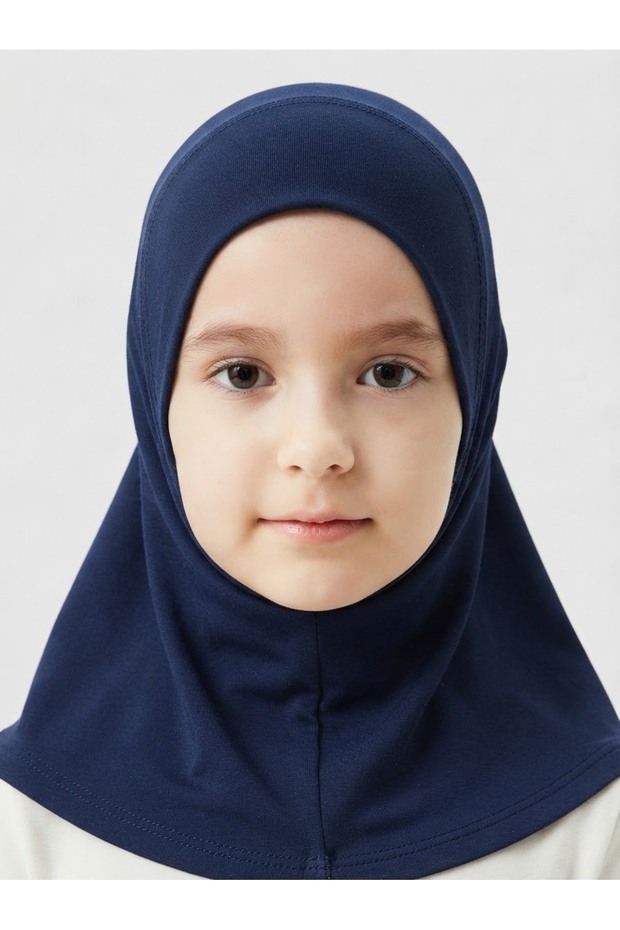 Girls' Ready-Made Hijab Scarf – Practical Snap-On Hijab | 100% Viscose Fabric Daily & Prayer Headscarf Undercap, Suitable for Ages 2-16, Dark Blue