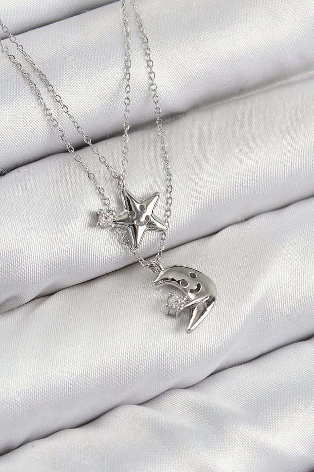 Brass Zircon Stone Star and Moon Model Silver Color Women's Necklace