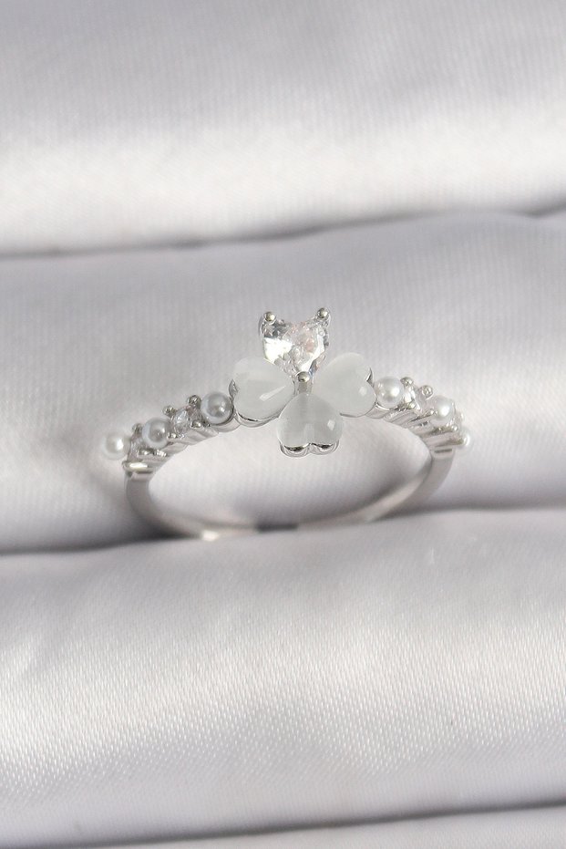 Brass Silver Color Zircon Stone Clover Model Pearl Detail Adjustable Ring