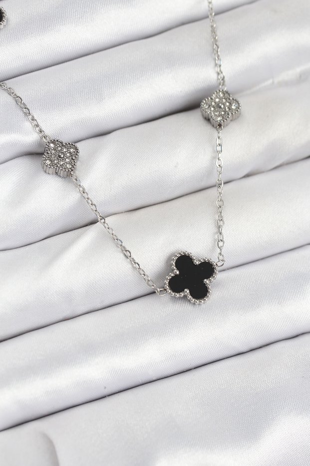 316L Steel Chain Silver Color Black and Zircon Stone Clover Women Necklace