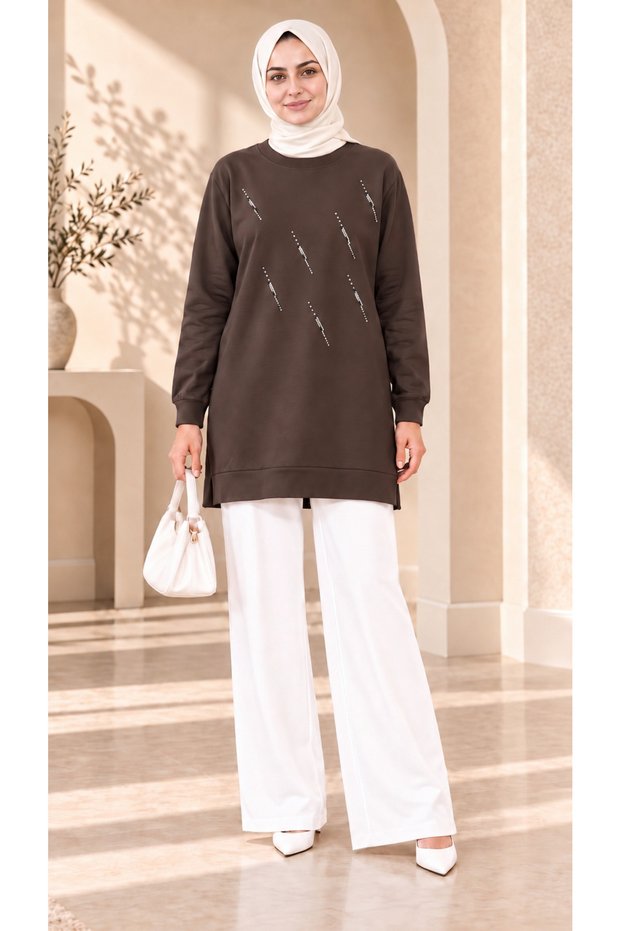 Women's Stone Detailed Long Sweatshirt Tunic