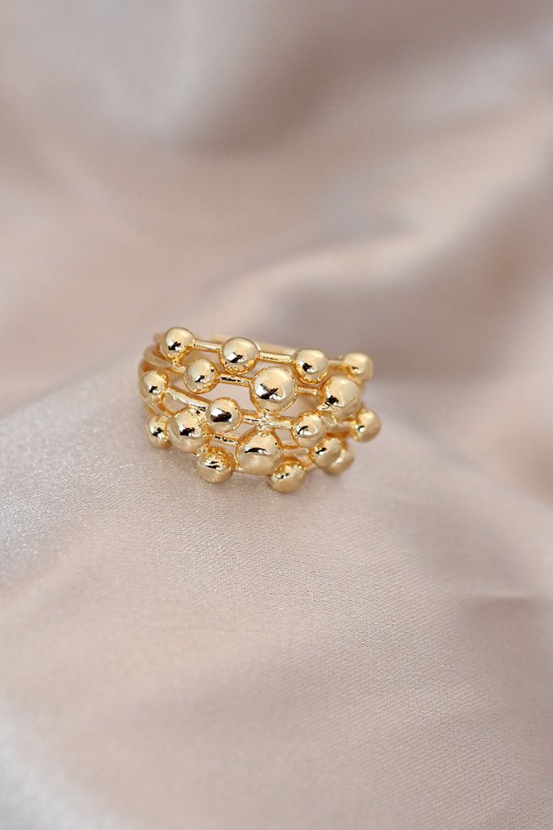 Adjustable Gold Color Metal Curved Beaded Model Ring
