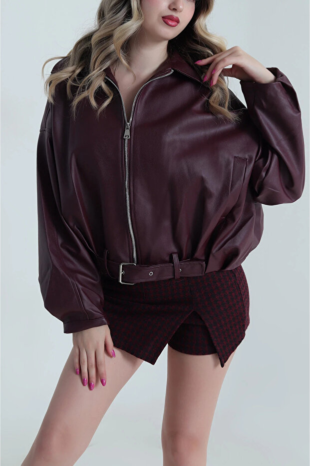 485074 Buckle Bomber Women's Leather Coat