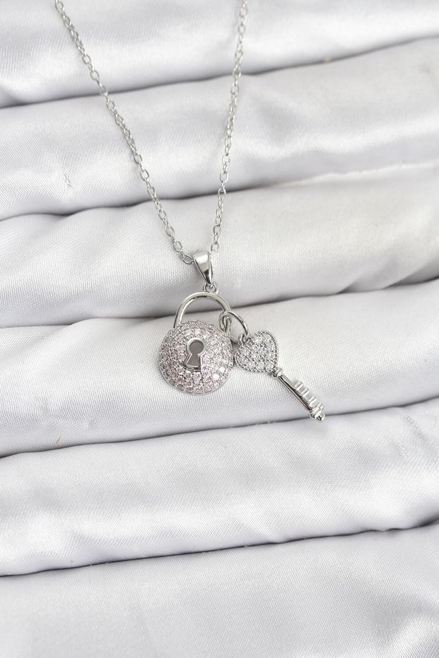 316L Steel Chain Silver Color Lock Key Model Zircon Stone Women's Necklace