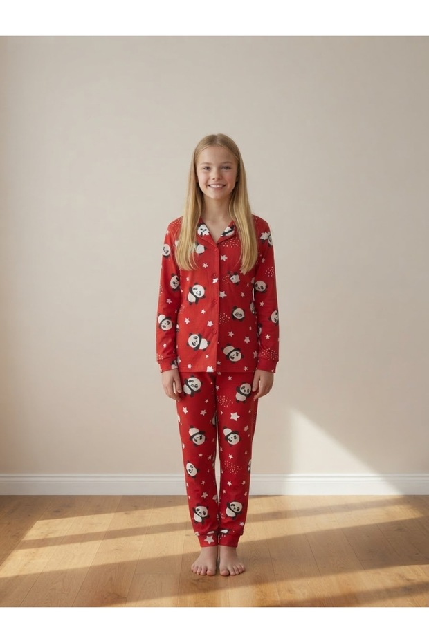 Girl's Teddy Bear and Star Red Suede Fabric Buttoned Pajama Set