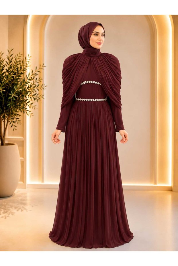Women's Shoulder Detailed Waist Stone Embellished Yoryo Fabric Evening Dress Wedding Invitation Engagement Graduation Dress