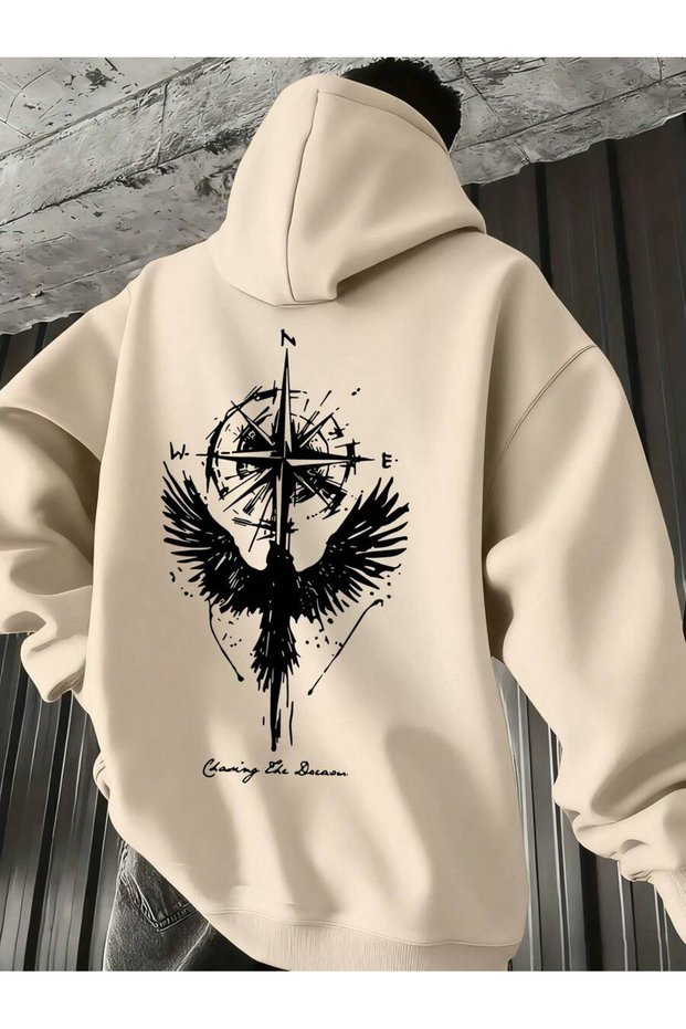Men's Compass Mysterious Wing Printed Oversize 3 Thread Hoodie Sweatshirt