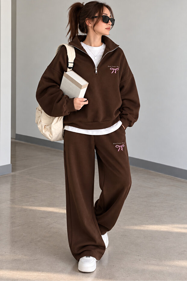 Coffee Color Stand Collar Bow Print Top and Wide Leg Bottom Tracksuit Set