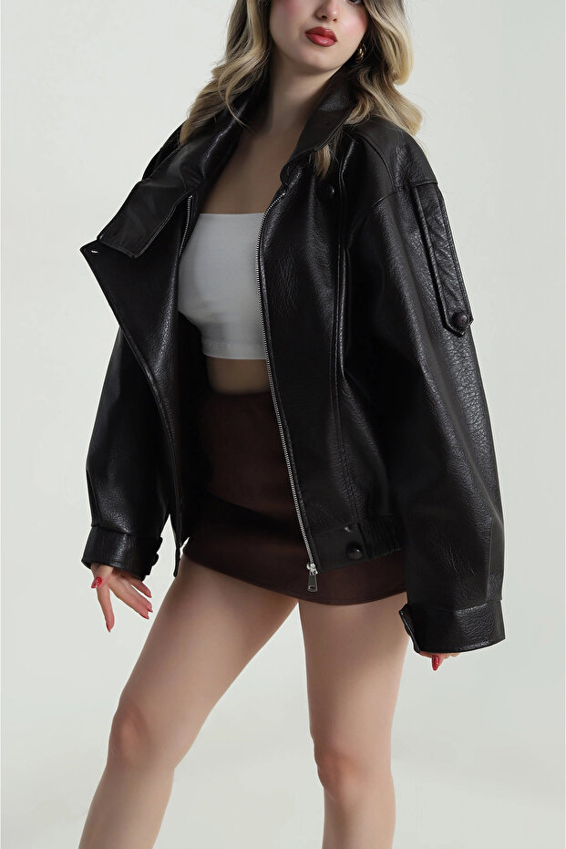 Crinkled Leather Lined Women's Coat