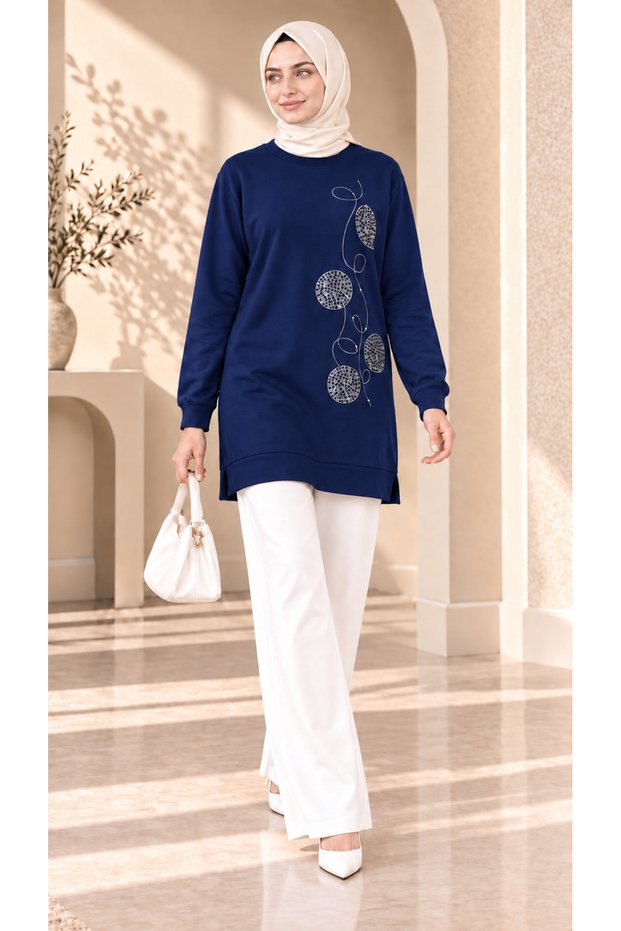 Women's Circle Stone Detailed Long Sweatshirt Tunic