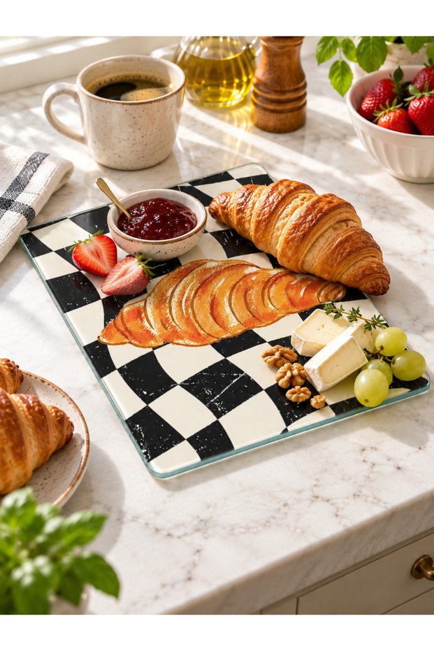 Croissant Patterned Tempered Glass Cutting and Presentation Board Black and White Checkerboard