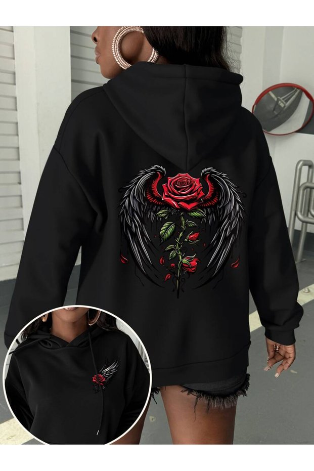 Women's Rose Wing Printed 3 Thread Oversized Hoodie Sweatshirt