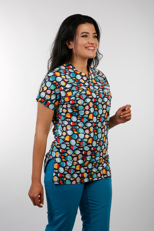 (E-Flex) Women's Fish Patterned Doctor Nurse Hospital Veterinary Scrubs Single Top Uniform