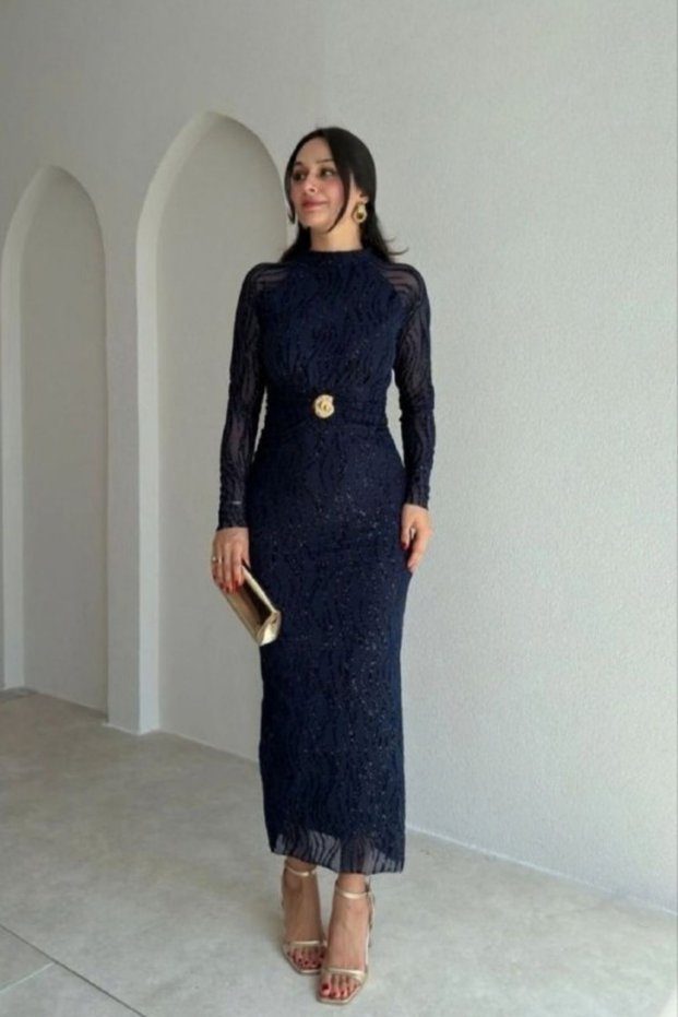 Navy Blue Glitter Detailed Transparent Patterned Long Sleeve Fish Cut Evening Dress with Brooch Accessory
