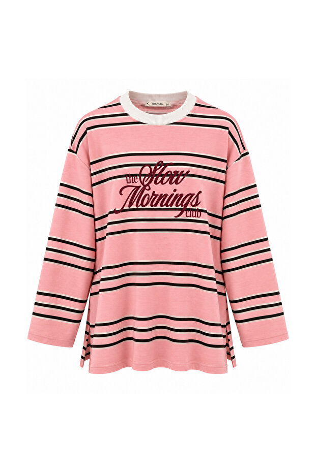 Women's Combed Cotton Fabric Letter Printed Crew Neck Striped Tunic 390.1