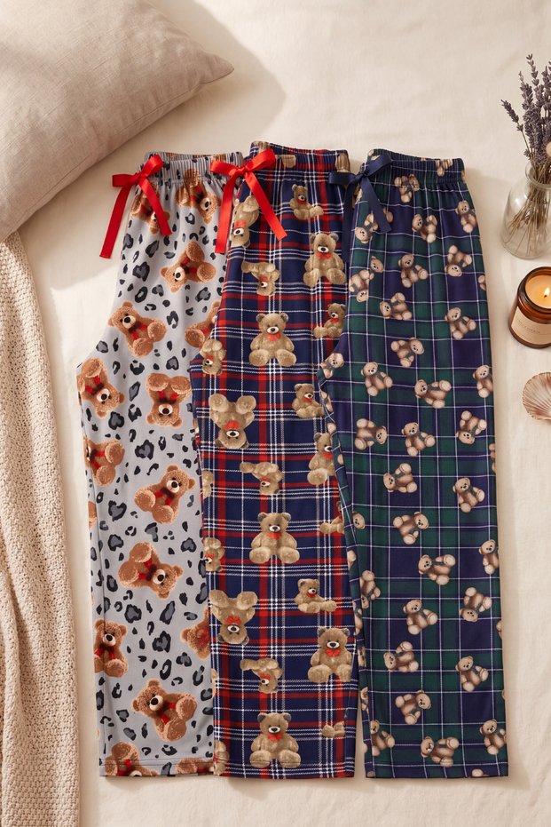 3-Piece Suede Teddy Bear Patterned Pajama Bottoms for Women, Soft Textured, Plaid and Leopard Patterned Set