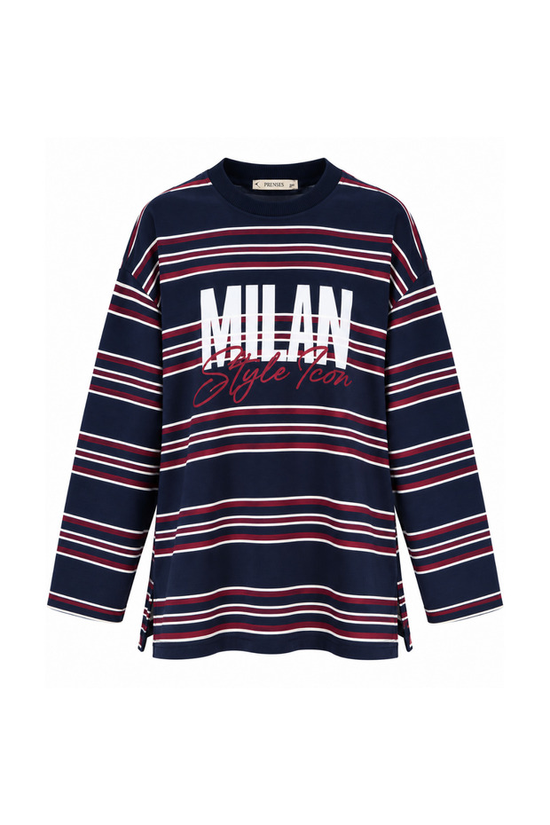 Women's Combed Cotton Fabric Letter Printed Crew Neck Striped Tunic 3261