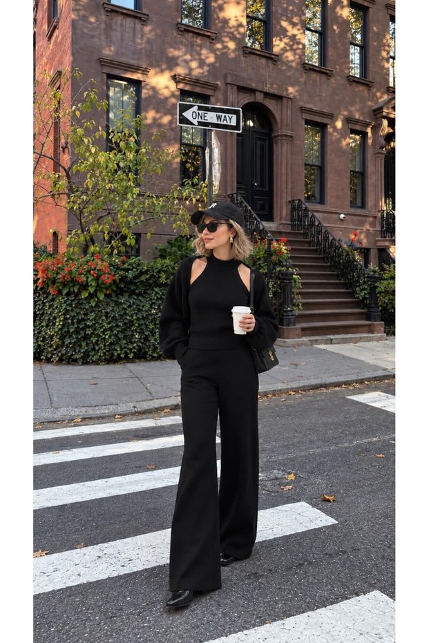 Velora Women's Black 3-Piece Bolero High Neck Off Shoulder Blouse Elastic Waist Knitwear Trousers Set