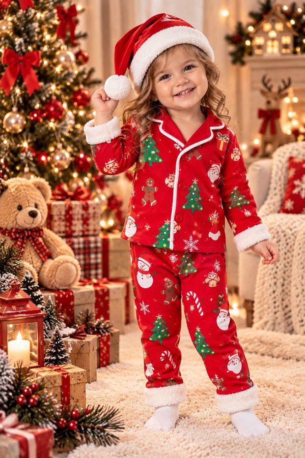 100% Cotton Long Sleeve Buttoned Christmas Themed Red and Green Soft Textured Bottom Top Girls Boys Unisex Baby Pajama Set