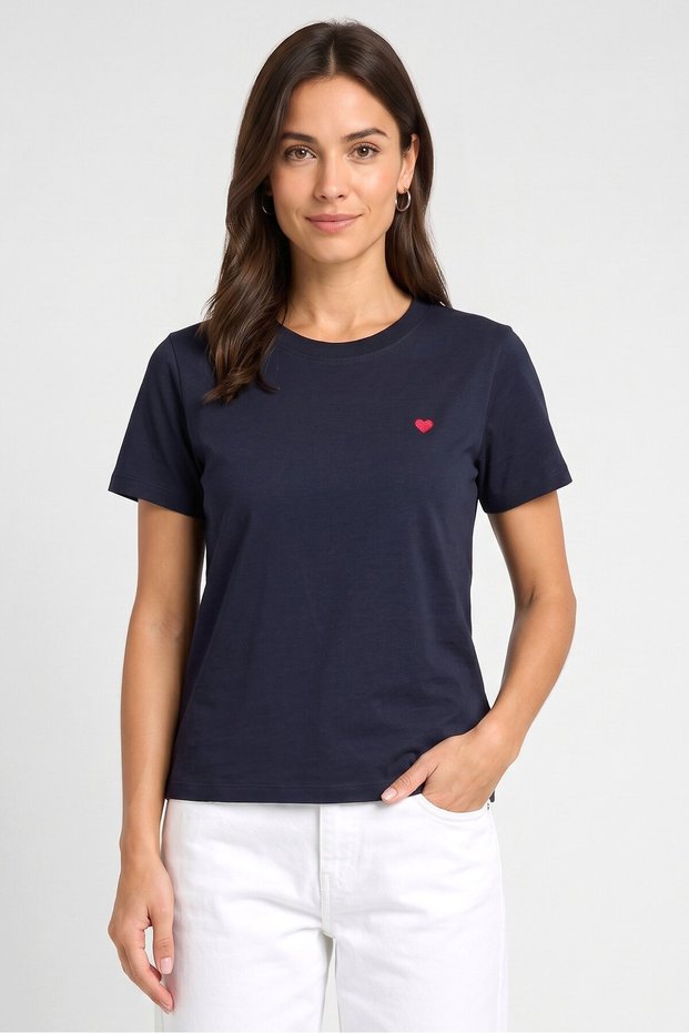Women Round Neck Short Sleeve Embroidered T-Shirt, Navy