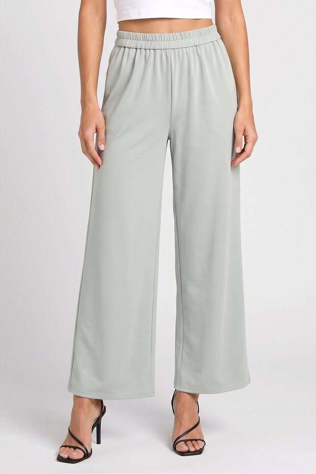Women Regular Fit Wide Leg Plain Pants, Sage Green