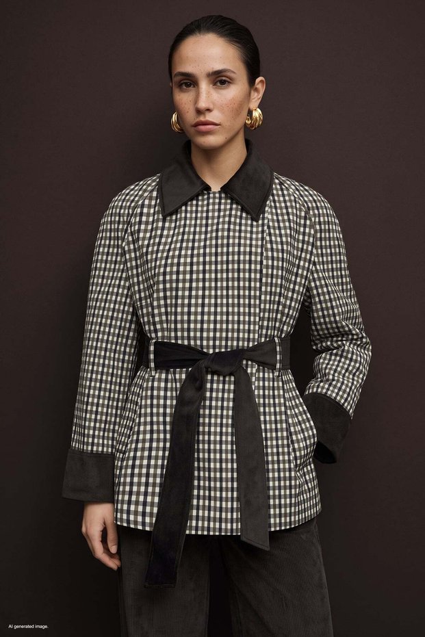 Plaid Jacket with Velvet Detail - Brown