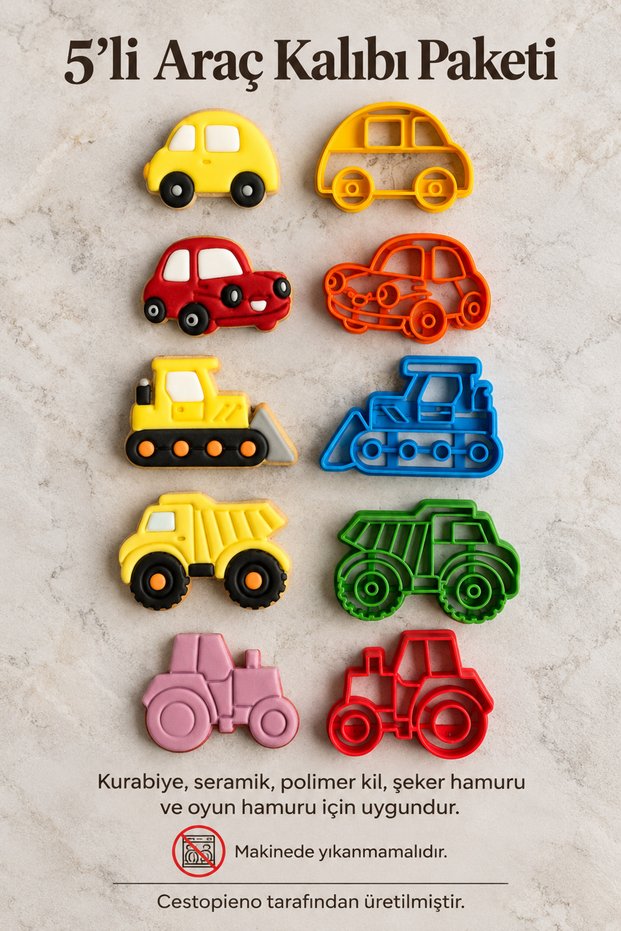 5-Piece Vehicle Mold Set Car Truck Digger Tractor Cookie Ceramic Polymer Clay Candy Plasticine Play Dough Mold