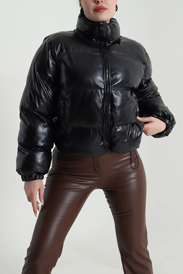 Lined Leather Women's Puffer Coat