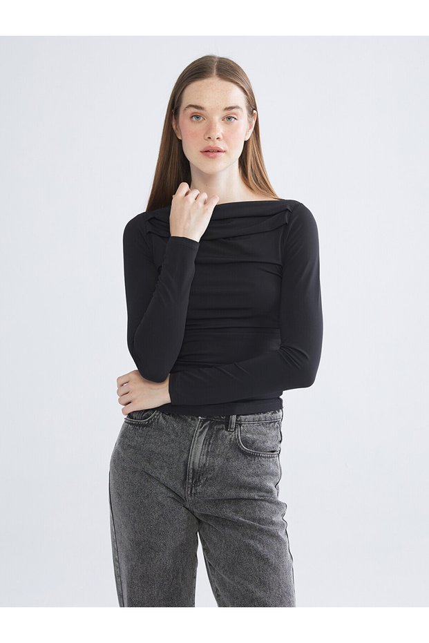 Nevavm with a Difference Lcw Vision Black Combed Cotton Plain Boat Neck Long Sleeve Women's Blouse
