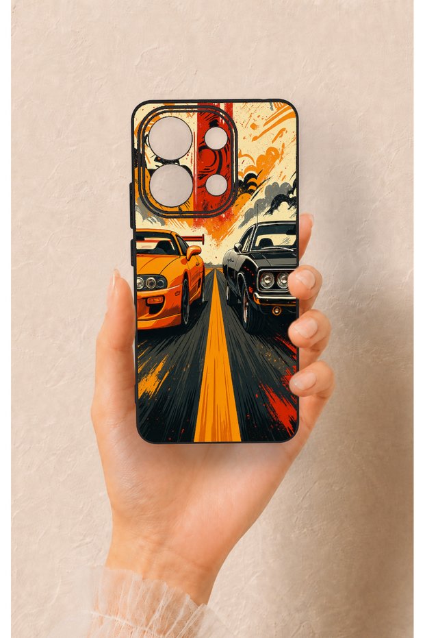 حافظة سيليكون متوافقة مع هاتف Redmi Note 13 4G بنمط السيارة باللونين البرتقالي والأسود