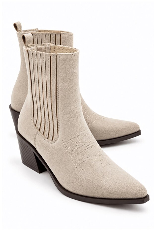 Peony Women's Leather Country Western Style Pointed Toe Thick Block Heeled Short Boots