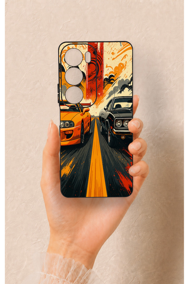Vivo Y19S Compatible Orange and Black Car Patterned Silicone Case
