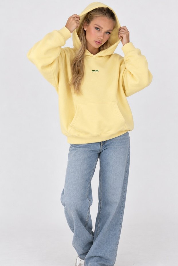 Women's Oversize Hoodie Amore Printed Yellow – Hooded, Kangaroo Pocket, 3-Thread Ribbed Fleece