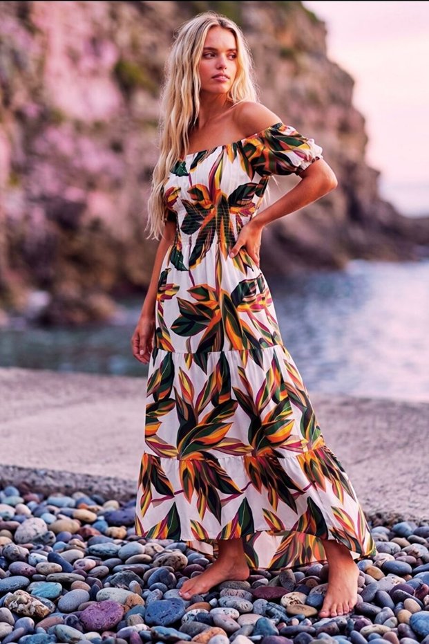 Women's Woven Watermelon Sleeve Long Dress Colorful Leaves